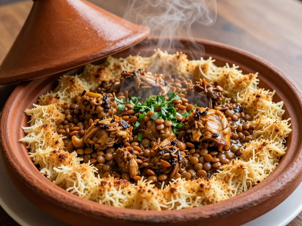 Rfissa tradizionale con msemen sfilacciato, lenticchie e pollo, piatto tipico del venerdì a Fes