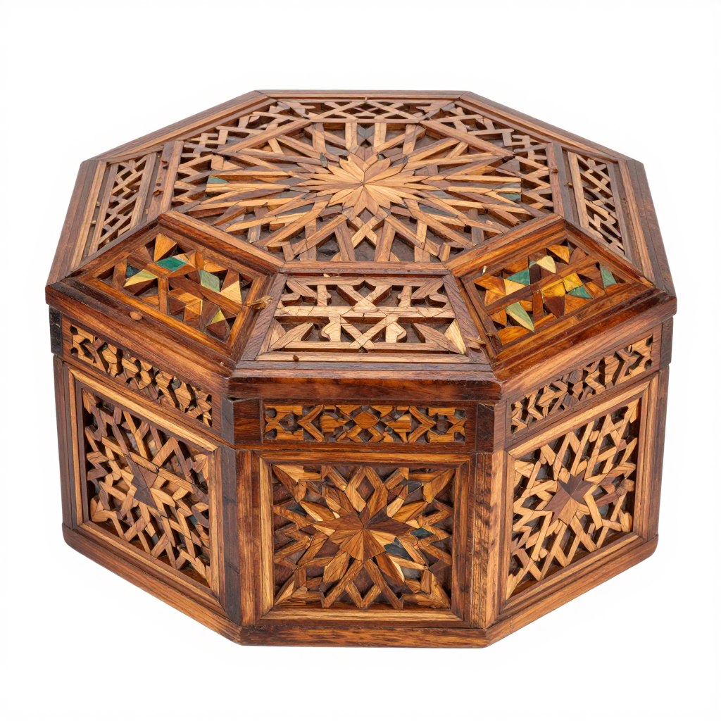 Scatola in legno intarsiata con motivi geometrici tradizionali