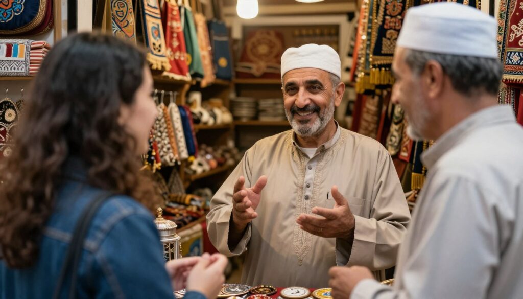 Scena di contrattazione amichevole tra un venditore e un cliente in un souk di Fes