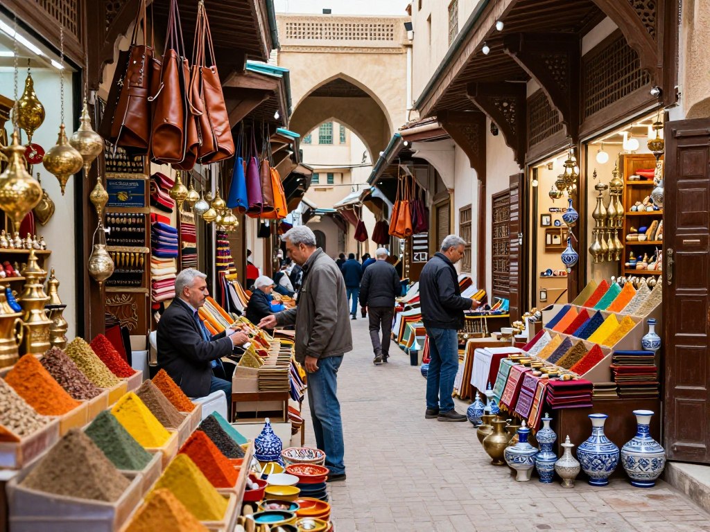 Souk colorati di Fes con spezie, tessuti e artigianato tradizionale