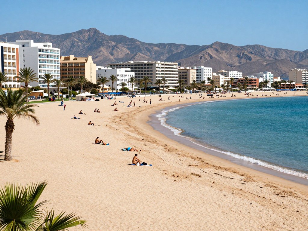 Spiaggia di Agadir con lungomare, palme e resort Spiaggia di Agadir con lungomare, palme e resort