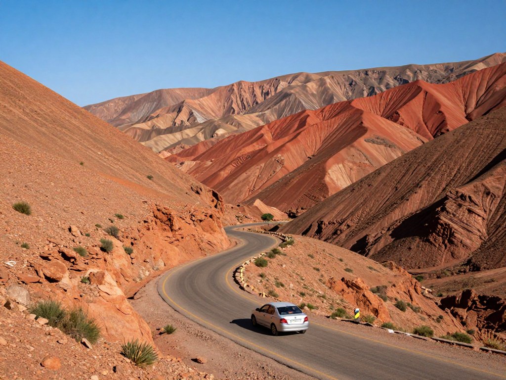 Strada panoramica in Marocco con auto che attraversa paesaggi montani - Guida di Viaggio in Marocco