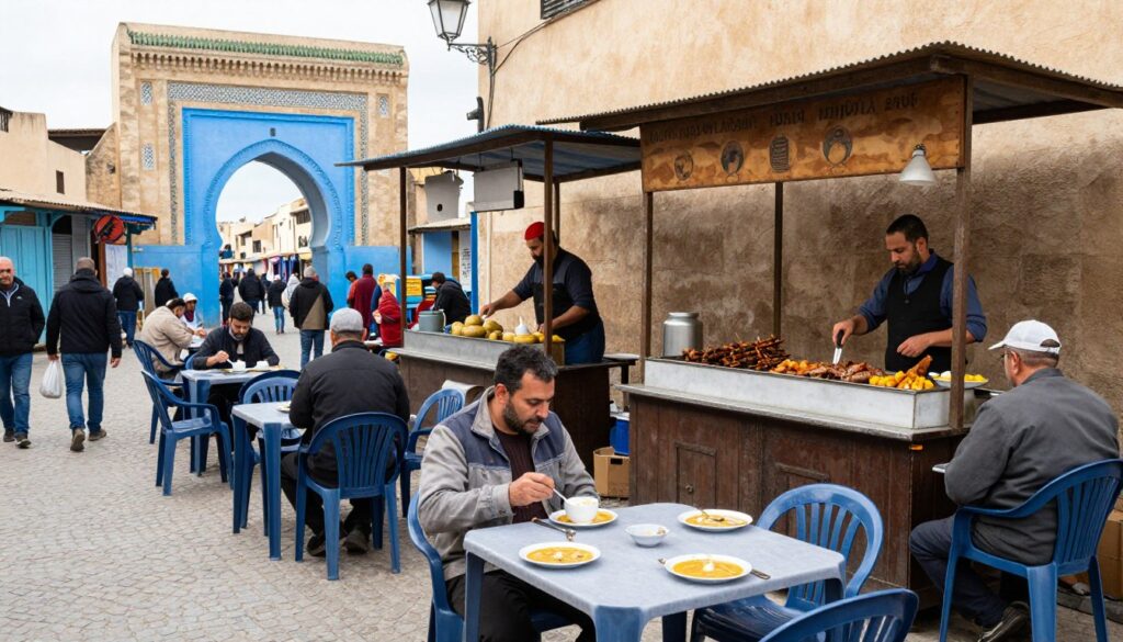 Street food nella zona di Bab Boujloud a Fes, con bancarelle e tavoli all'aperto dove mangiare a fes marocco