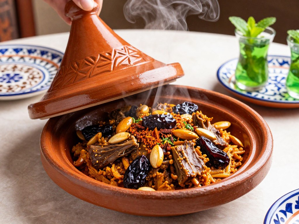 Tajine di agnello con prugne e mandorle in stile Fes, più speziato rispetto ad altre città del Marocco