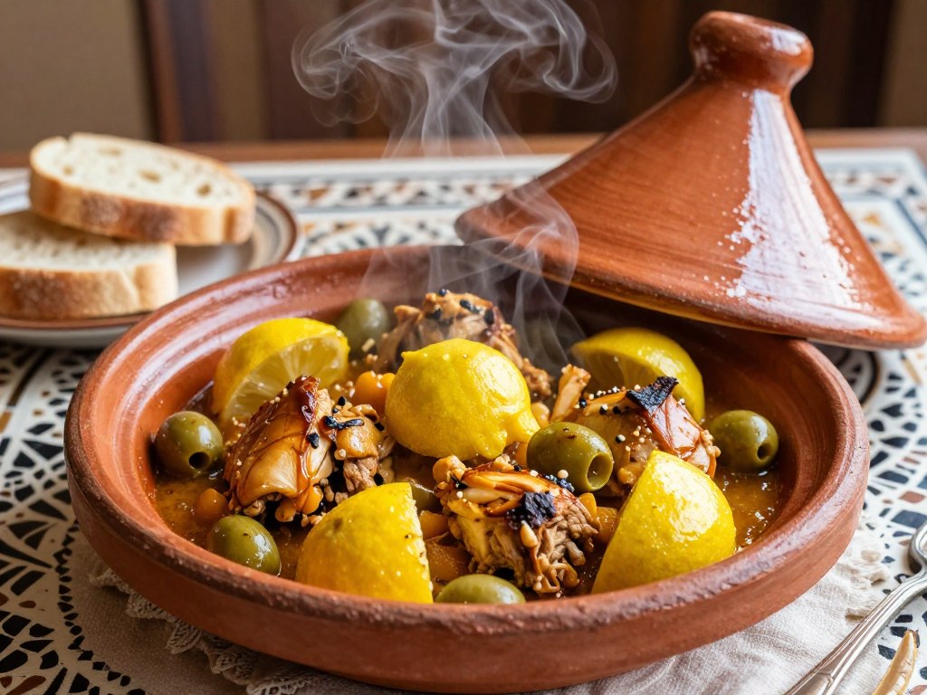Tajine tradizionale marocchino con pollo, limone e olive servito in un autentico piatto di terracotta