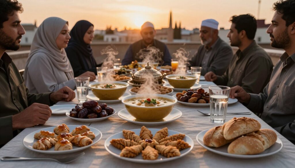 Tavola dell'iftar durante il Ramadan a Fes con harira, chebakia e datteri