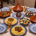 Tavola imbandita con piatti tipici marocchini in un ristorante di Marrakech