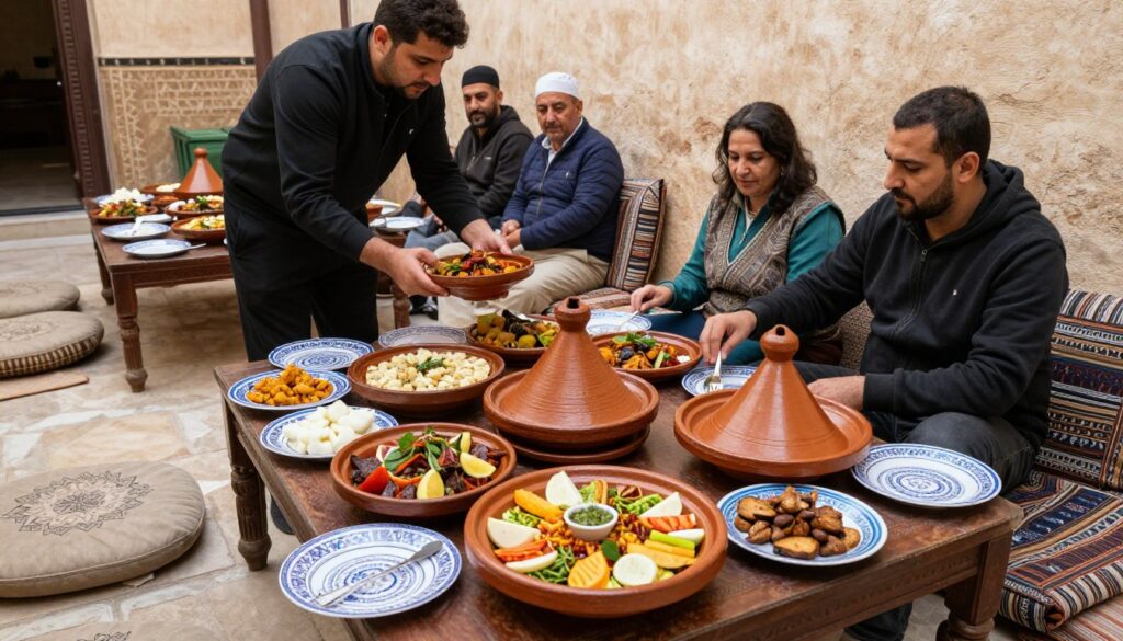 Tavola tradizionale marocchina con vari piatti serviti in un'atmosfera autentica a Fes