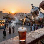 Tè alla menta servito in modo tradizionale con vista su Piazza Jemaa el-Fna al tramonto