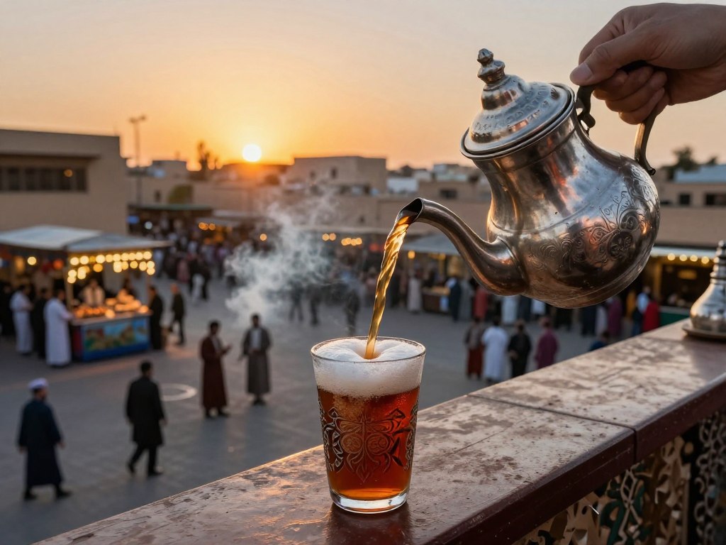 Tè alla menta servito in modo tradizionale con vista su Piazza Jemaa el-Fna al tramonto