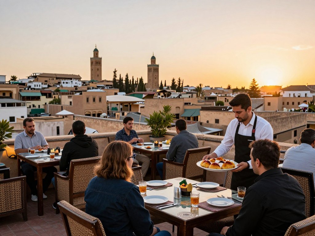 Terrazza del Riad Rcif Restaurant con vista sui tetti della medina di Fes, ottima pastilla