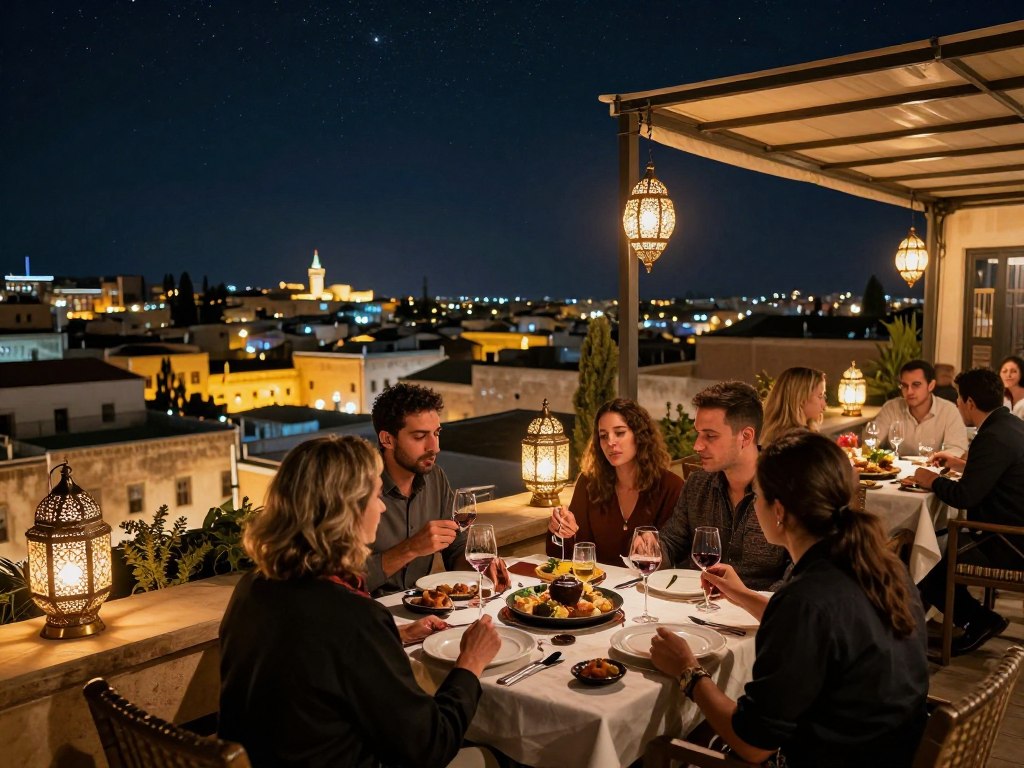 Terrazza di Dar Roumana a Fes con cena sotto le stelle e menu degustazione fusion marocchino-europeo