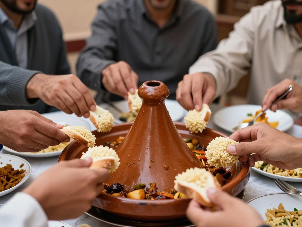 Tradizionale modo di mangiare marocchino usando la mano destra e il pane come utensile a Fes