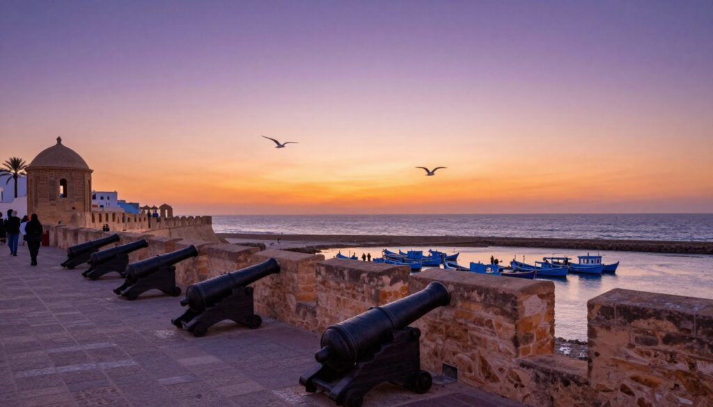 Tramonto a Essaouira con vista sull'oceano, una delle migliori gite di un giorno da marrakech