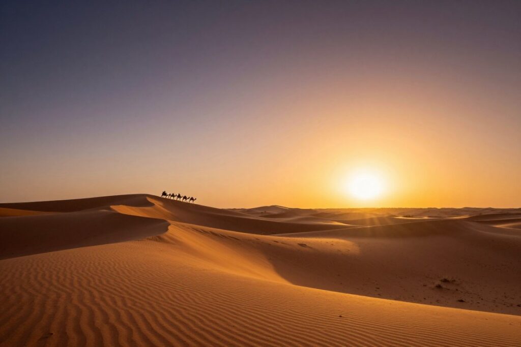 Tramonto autunnale sulle dune di Merzouga nel deserto del Sahara - Guida di Viaggio in Marocco