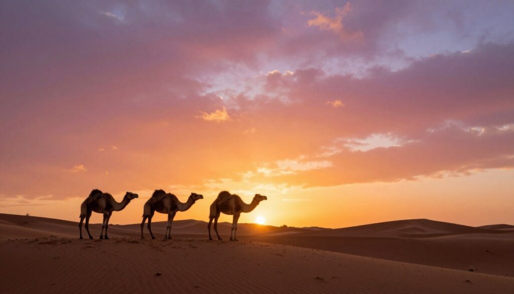 Tramonto nel deserto del Marocco con cammelli e dune dorate