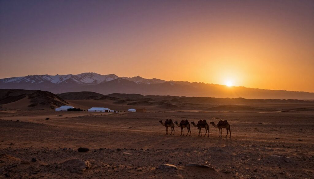 Tramonto nel deserto di Agafay con cammelli, una delle migliori gite di un giorno da marrakech