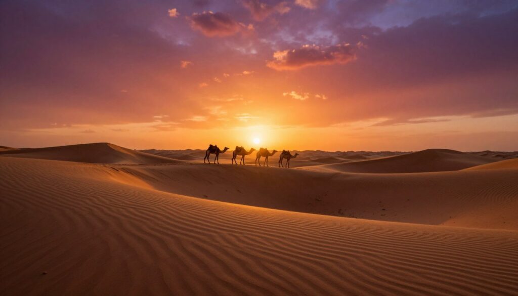 Tramonto sul deserto del Sahara con silhouette di cammelli - Guida di Viaggio in Marocco