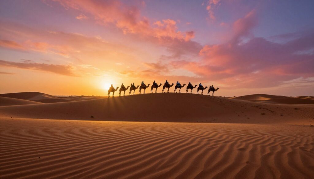 Tramonto sul deserto del Sahara durante un tour in Marocco