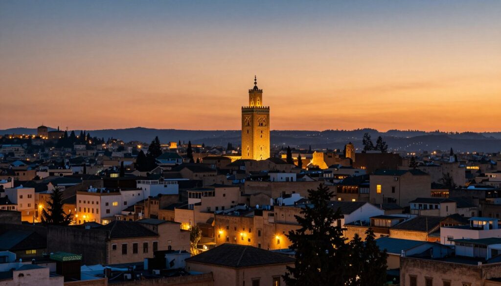 Tramonto sulla Medina di Fes con i minareti illuminati e le luci che si accendono nella città antica