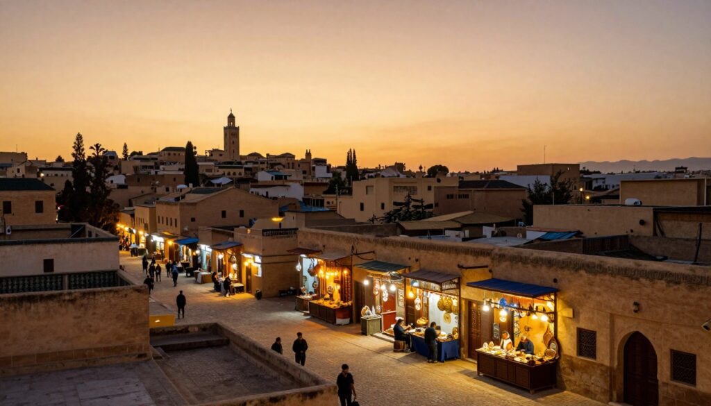 Tramonto sulla medina di Fes con le sue botteghe artigiane illuminate