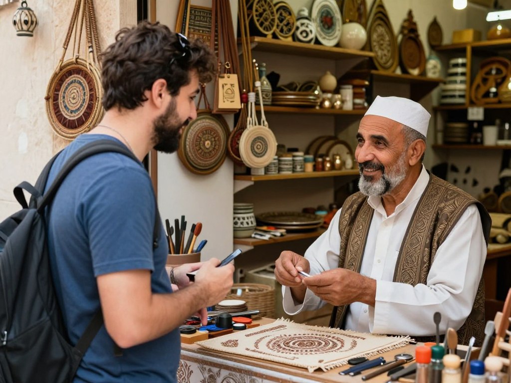 Turista che conversa amichevolmente con un artigiano di Fes nel suo negozio