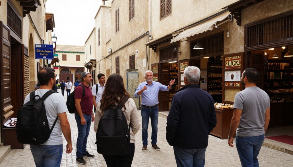 Turisti che esplorano la Medina di Fes con una guida locale che spiega la storia e la cultura della città