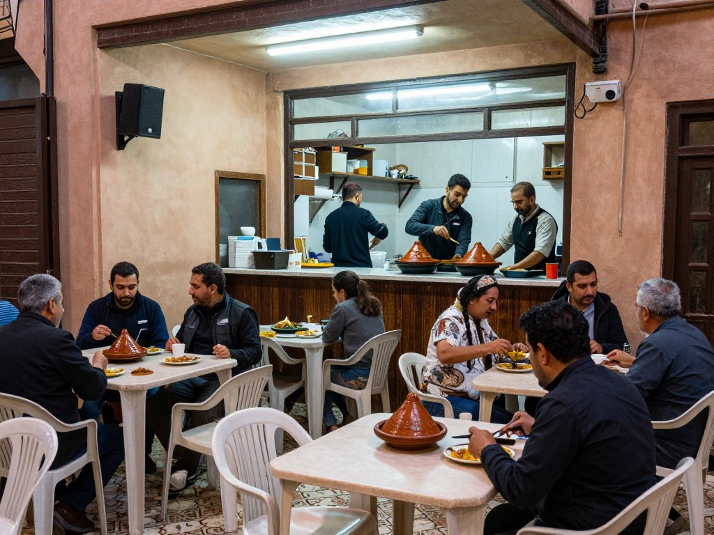 Un piccolo ristorante locale a Marrakech con clienti marocchini che mangiano tajine a tavoli semplici