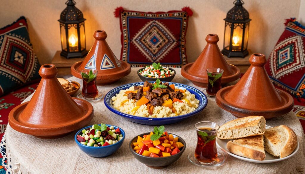 Un tavolo con vari piatti marocchini colorati: tajine, couscous, insalate e tè alla menta