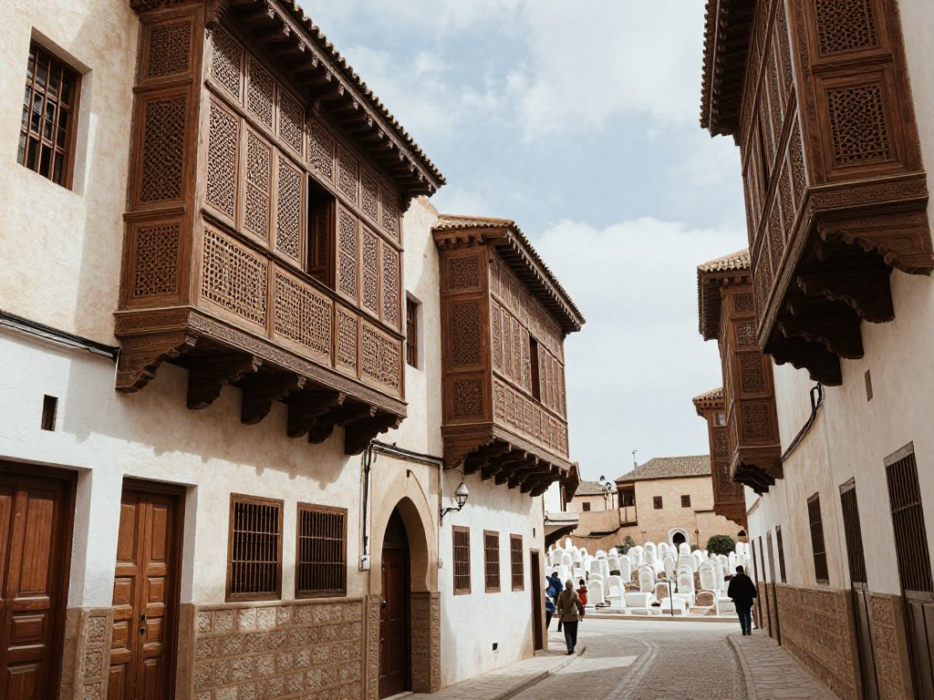 Una strada nel Mellah di Fes con le caratteristiche case con balconi in legno e il cimitero ebraico sullo sfondo