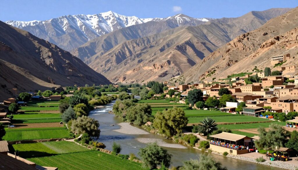 Valle Ourika con fiume e montagne dell'Atlante, una delle migliori gite di un giorno da marrakech