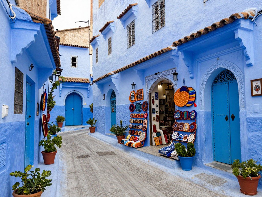 Vicoli blu caratteristici di Chefchaouen con piante e artigianato locale Vicoli blu caratteristici di Chefchaouen con piante e artigianato locale