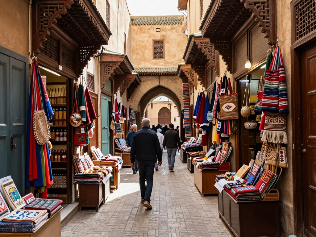 Vicoli stretti e affollati della Medina di Fes el-Bali con negozi tradizionali e persone che passeggiano