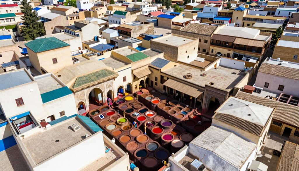 Vista aerea della Medina di Fes con le sue concerie colorate Vista aerea della Medina di Fes con le sue concerie colorate