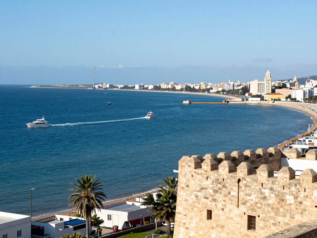 Vista dello Stretto di Gibilterra da Tangier con la Spagna all'orizzonte Vista dello Stretto di Gibilterra da Tangier con la Spagna all'orizzonte