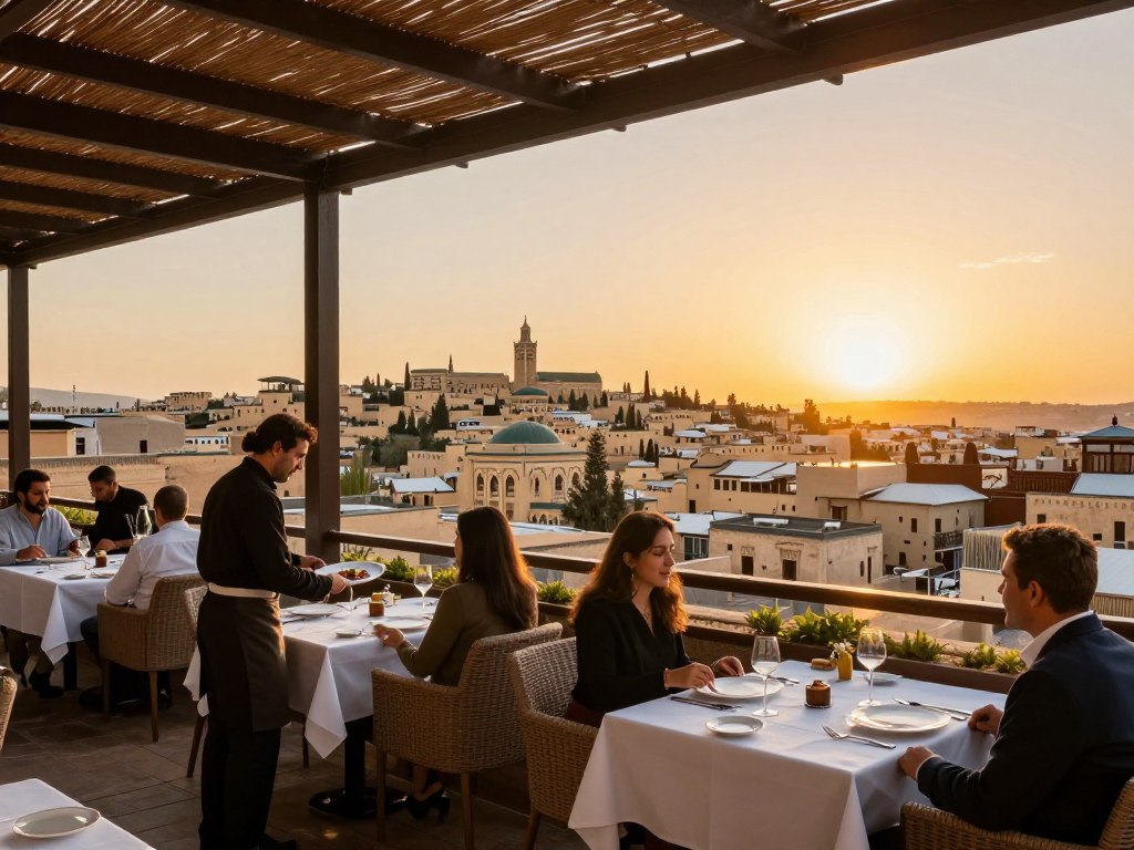 Vista panoramica dal ristorante L'Amandier al Palais Faraj, perfetto per cena al tramonto sulla medina di Fes