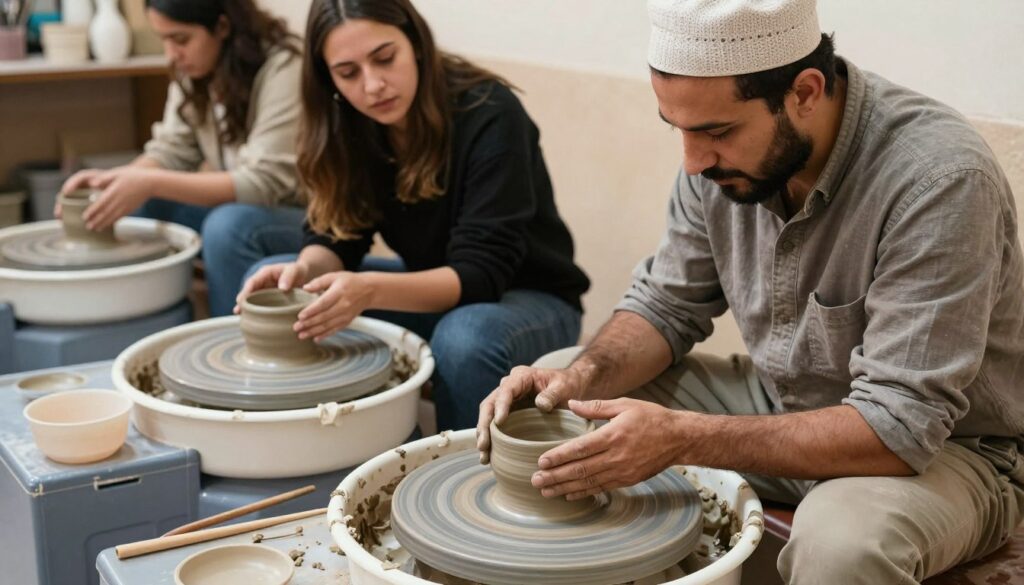 Workshop di ceramica dove un turista impara a modellare l'argilla con l'aiuto di un maestro ceramista