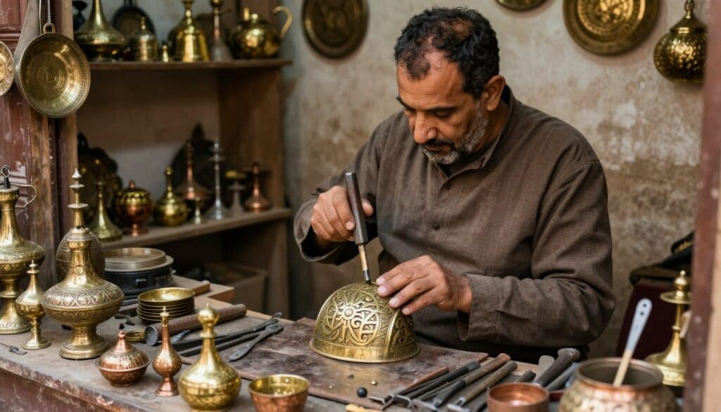 Artigiano tradizionale al lavoro nella medina di Fes che crea manufatti in metallo