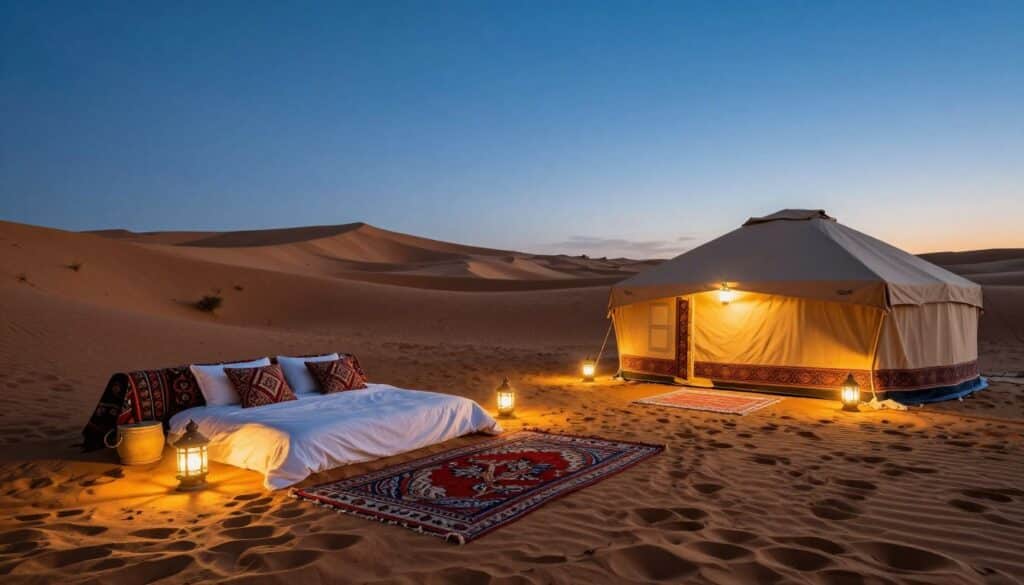 Campo tendato di lusso nel deserto di Merzouga con tende berbere tradizionali illuminate al tramonto