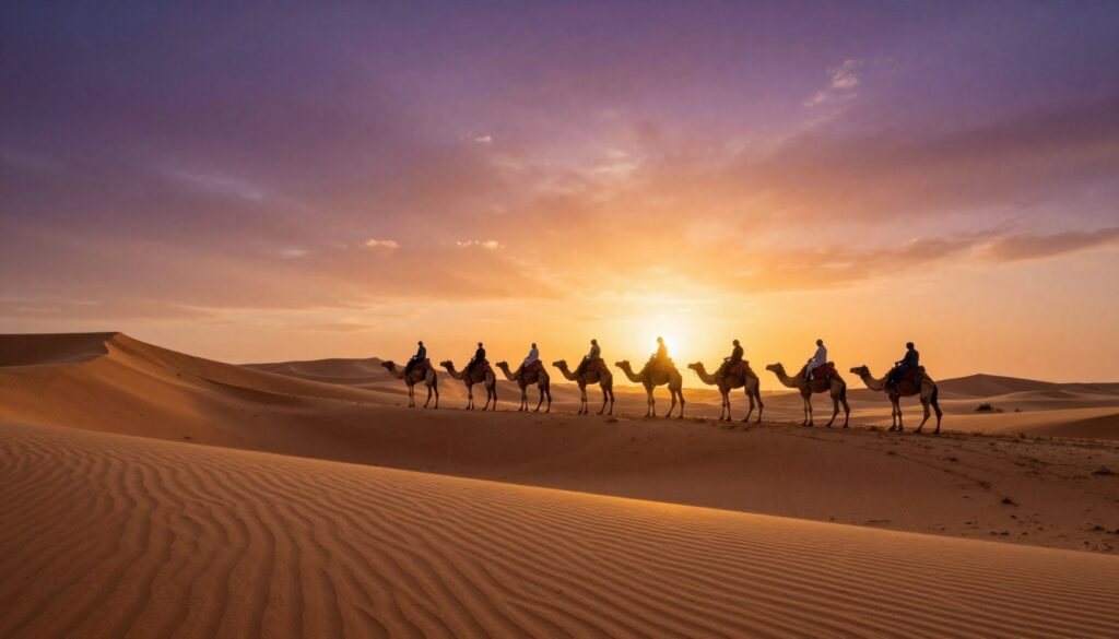 Carovana di cammelli nel deserto di Merzouga al tramonto con le dune dorate sullo sfondo