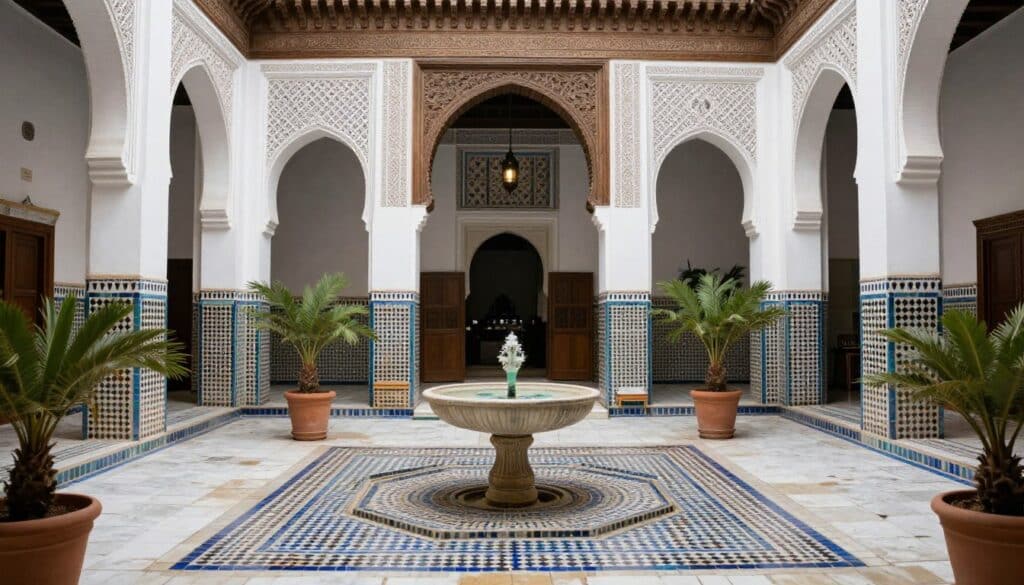 Cortile interno di un riad tradizionale a Fes con fontana centrale e architettura moresca