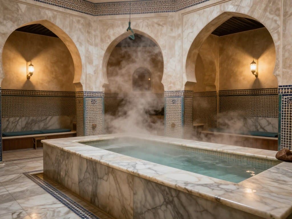 Interno di un hammam tradizionale marocchino con architettura in stile moresco e vapore