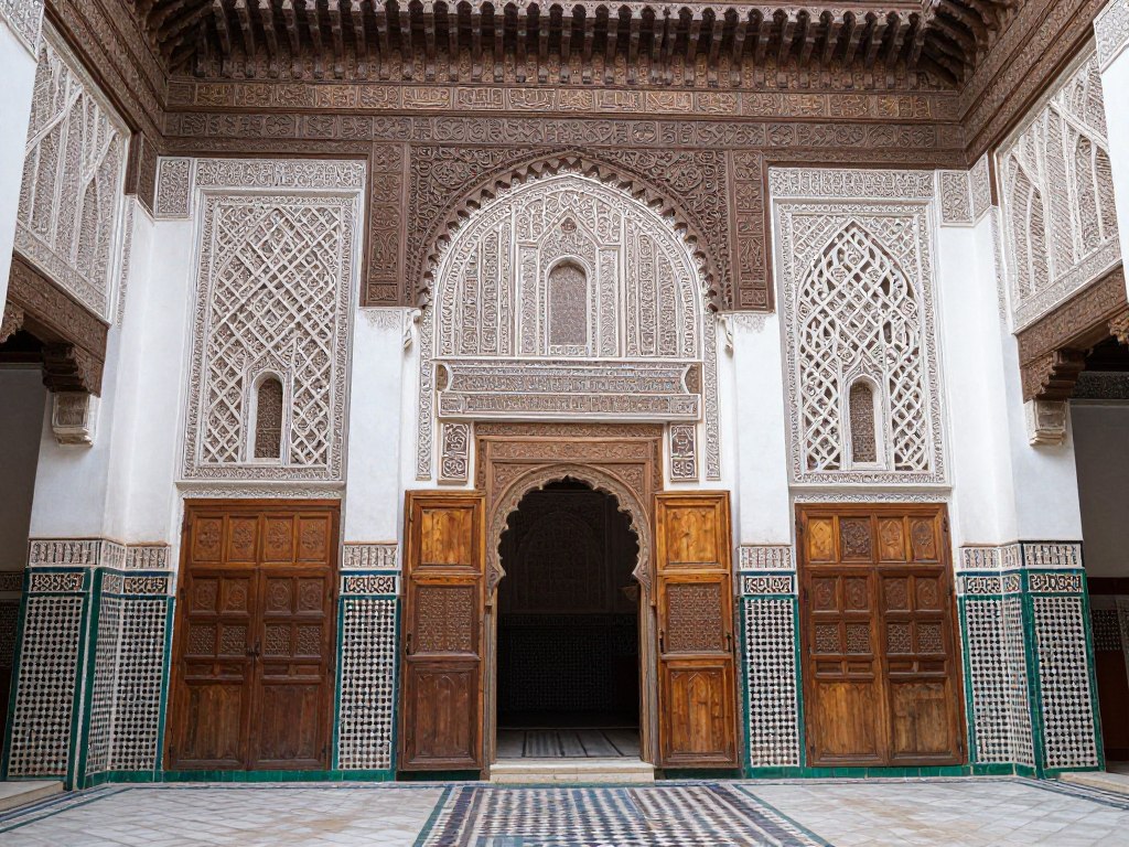 Intricati mosaici e decorazioni in legno intagliato all'interno della Medersa Bou Inania di Fes