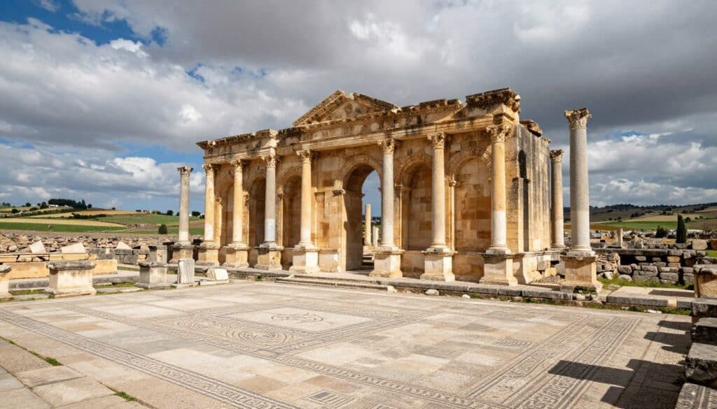 Le rovine romane di Volubilis con colonne antiche e mosaici ben conservati