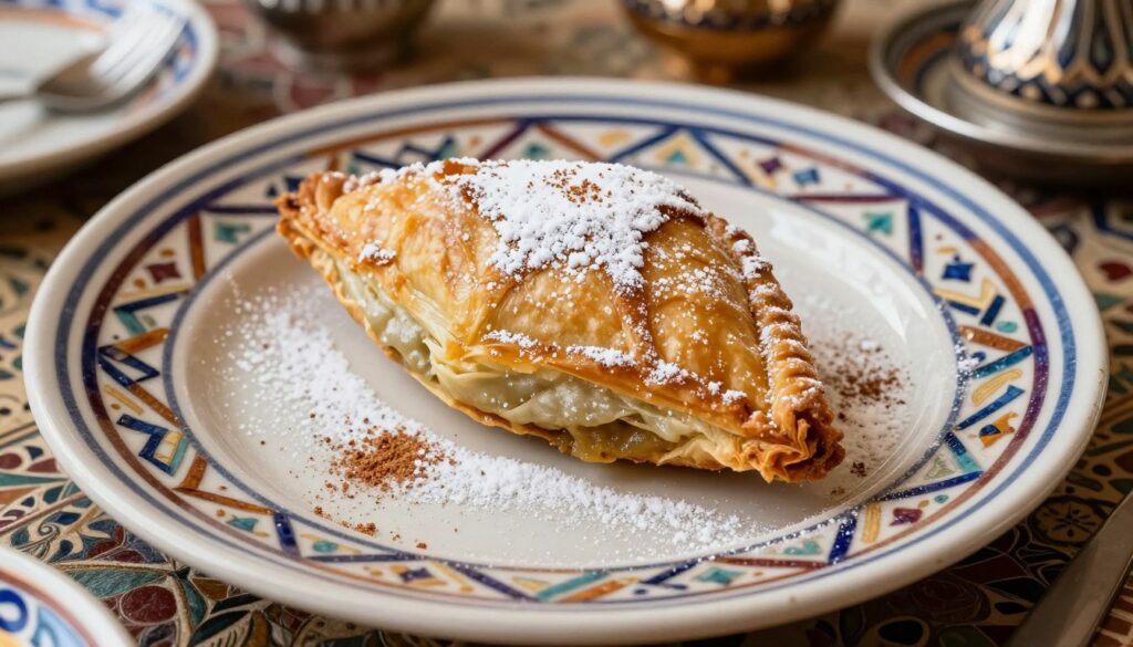 Piatto di pastilla marocchina tradizionale con zucchero a velo e cannella