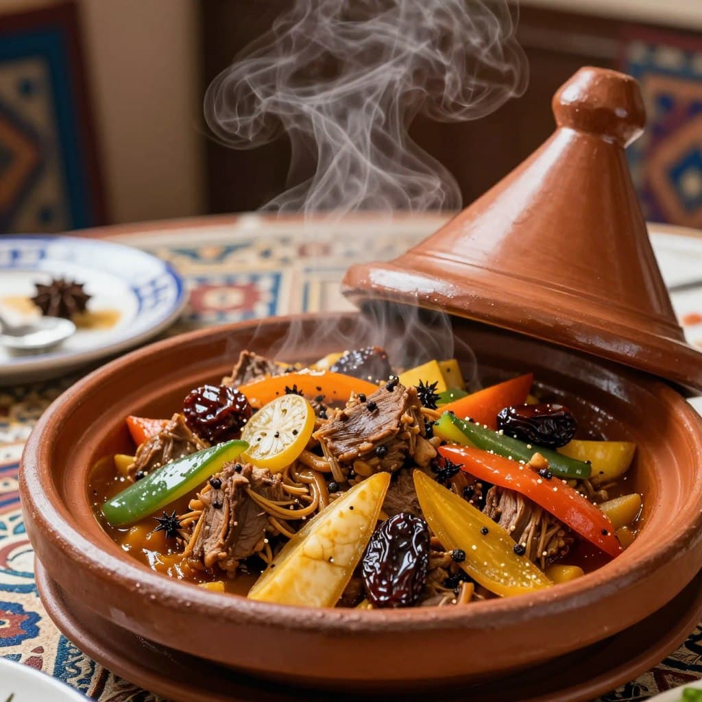 Tajine marocchino tradizionale con carne, verdure e spezie