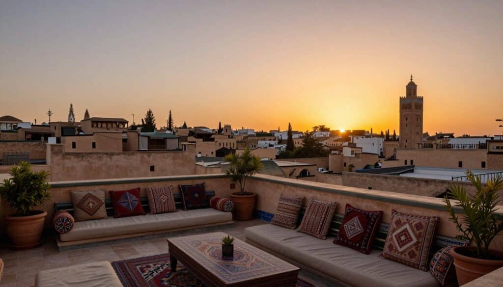 Terrazza panoramica di un riad tradizionale a Fes con vista sulla medina al tramonto