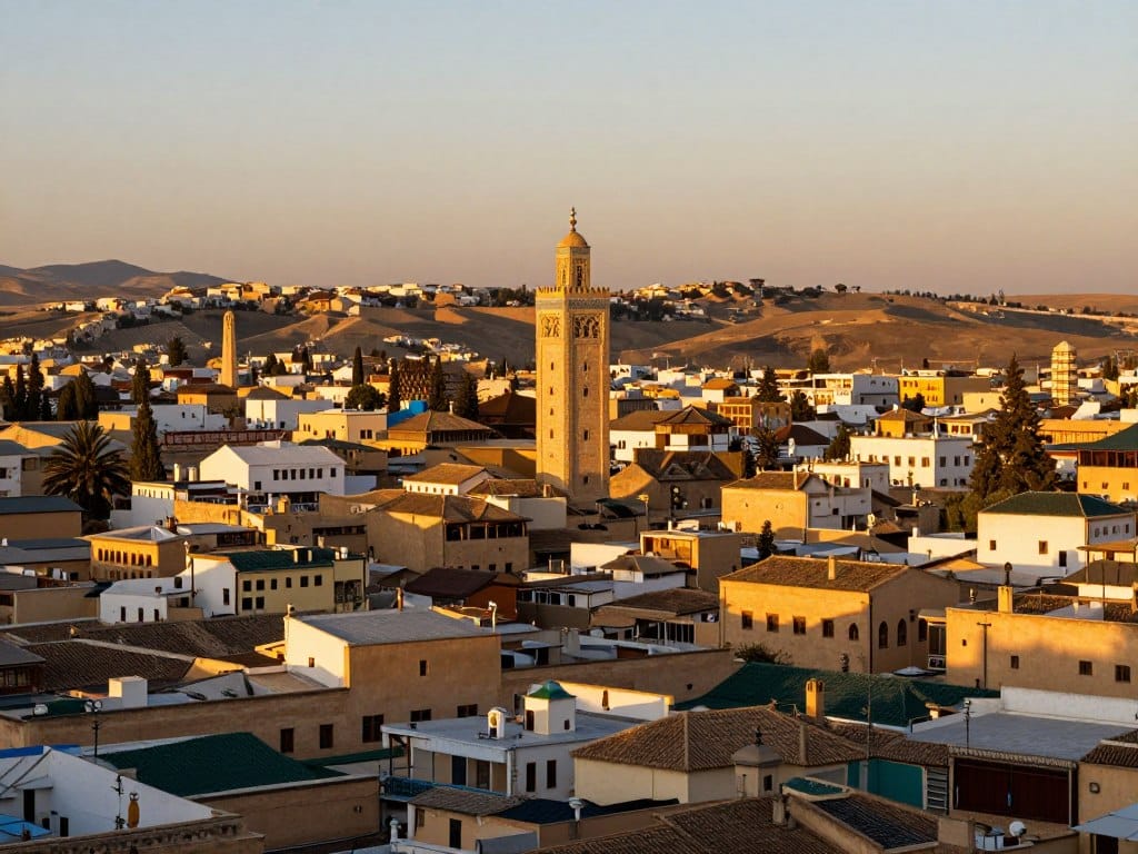 Vista panoramica della medina di Fes al tramonto, con la luce dorata che illumina i tetti e i minareti della città imperiale