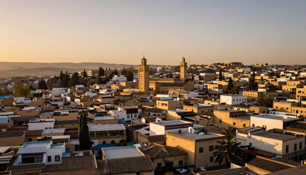 Vista panoramica della medina di Fes con i suoi minareti e case tradizionali al tramonto
