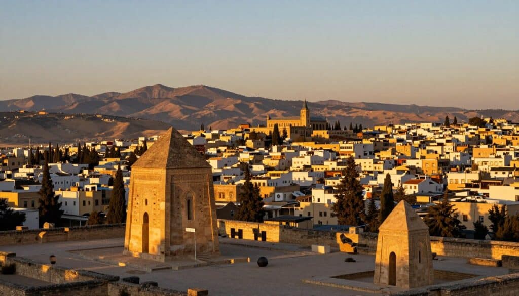 Vista panoramica di Fes al tramonto dalle Tombe Merenidi, con la medina illuminata dalla luce dorata